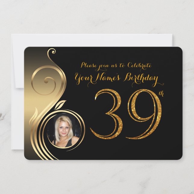 39th,Birthday Invitation,Number Glitter Gold,Photo Invitation (Front)