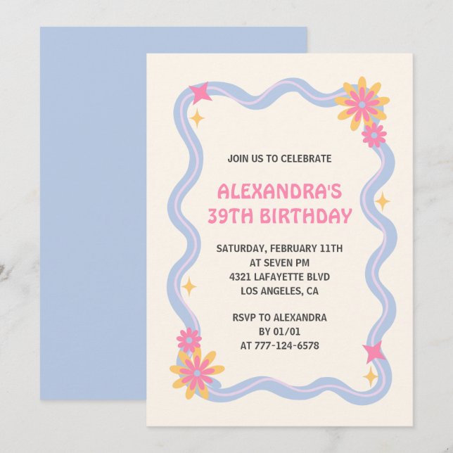 39th birthday invitation Retro Groovy Blue Flowers (Front/Back)