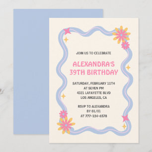 39th birthday invitation Retro Groovy Blue Flowers