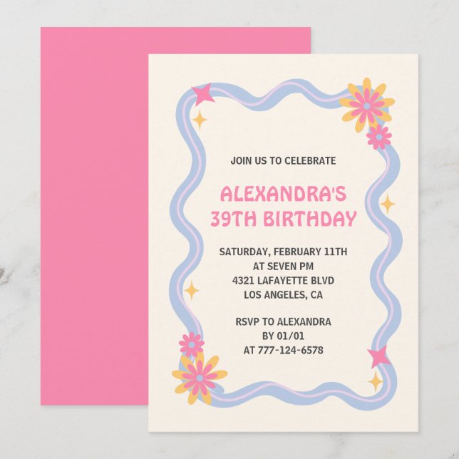 39th birthday invitation Retro Groovy Pink Flowers (Front/Back)