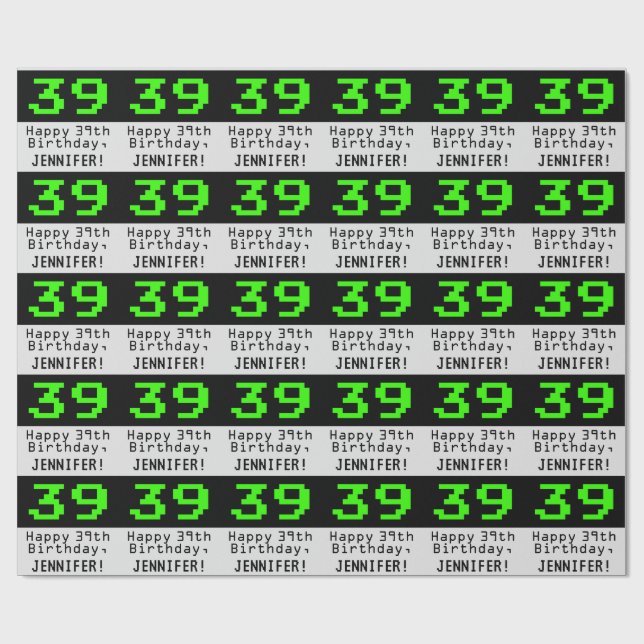 39th Birthday - Nerdy / Geeky Style "39" and Name Wrapping Paper (Flat)