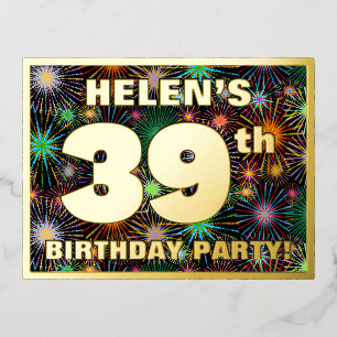 39th Birthday Party: Bold, Colourful Fireworks Loo Foil Invitation Postcard