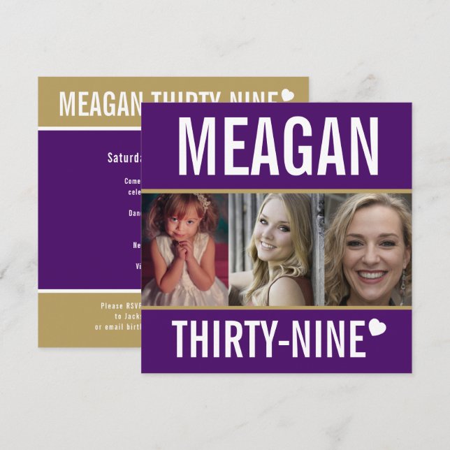 39th birthday party event purple gold white photo invitation (Front/Back)