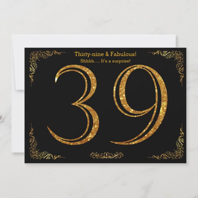 39th Birthday party,Gatsby styl,black gold glitter Invitation (Front)