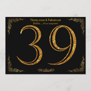 39th Birthday party,Gatsby styl,black gold glitter Invitation