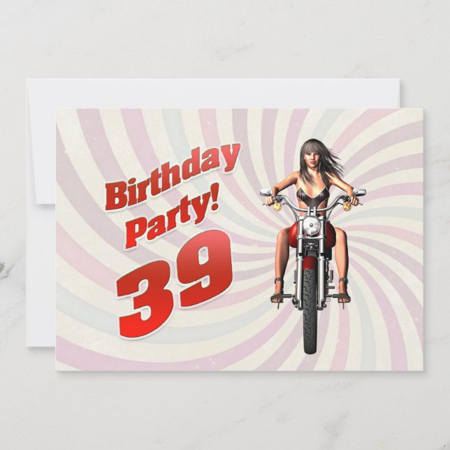 39th birthday party with a girl on a motorbike invitation (Front)