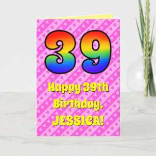 39th Birthday: Pink Stripes & Hearts, Rainbow # 39 Card