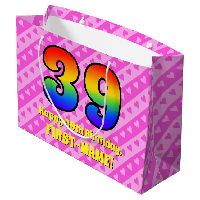 39th Birthday: Pink Stripes & Hearts, Rainbow # 39 Large Gift Bag (Back Angled)