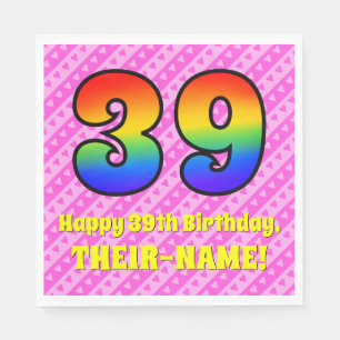39th Birthday: Pink Stripes & Hearts, Rainbow # 39 Napkin