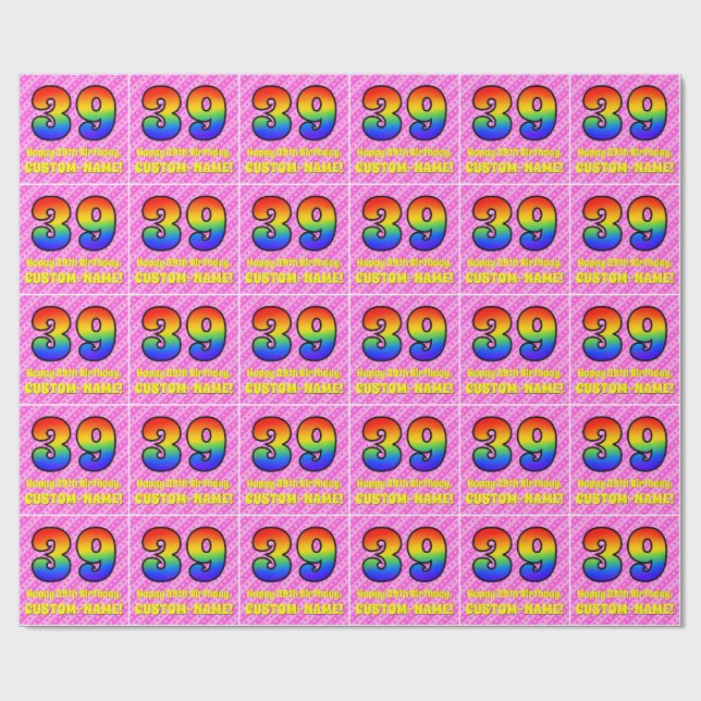 39th Birthday: Pink Stripes & Hearts, Rainbow # 39 Wrapping Paper (Flat)