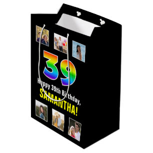 39th Birthday: Rainbow “39“, Custom Photos & Name Medium Gift Bag
