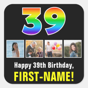 39th Birthday: Rainbow “39”; Custom Photos & Name Square Sticker
