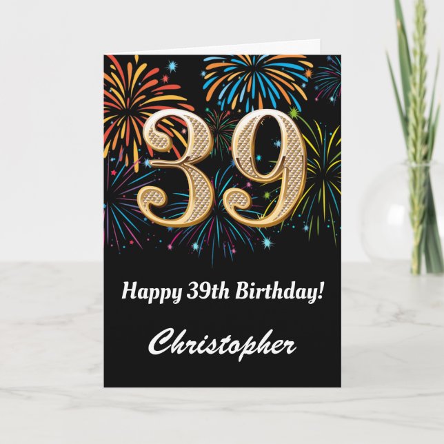 39th Birthday Rainbow Fireworks Black and Gold Card (Front)
