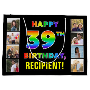 39th Birthday: Rainbow Text, Custom Photos & Name Large Gift Bag