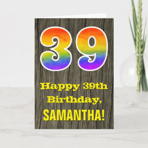 39th Birthday: Rustic Faux Wood Look, Rainbow "39" Card
