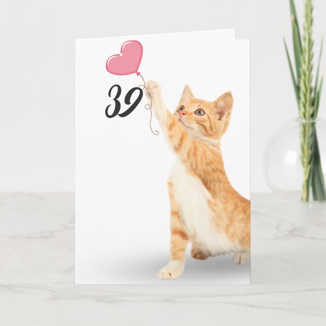 39th birthday tabby cat with heart balloon card (Front)