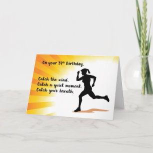 39th Birthday Woman Running Sunburst Background Card