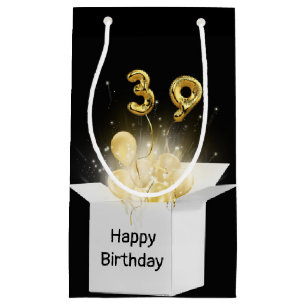 39th Gold Birthday Balloons in White Box Small Gift Bag