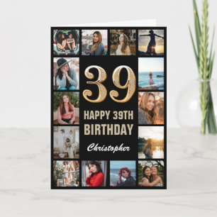 39th Happy Birthday Black and Gold Photo Collage Card