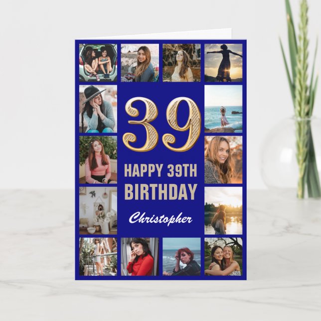 39th Happy Birthday Navy Blue & Gold Photo Collage Card (Front)