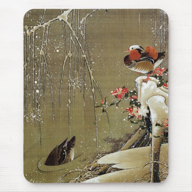 3. 雪中鴛鴦図, 若冲 Mandarin Duck in The Snow, Jakuchū Mouse Mat (Front)