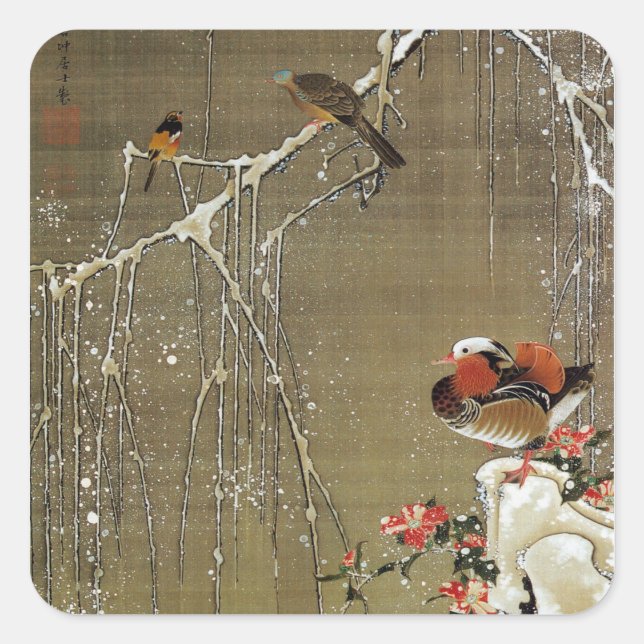 3. 雪中鴛鴦図, 若冲 Mandarin Duck in The Snow, Jakuchū Square Sticker (Front)