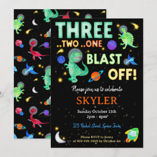 3 2 1 Blast Off Dinosaur Space 3rd Birthday Invitation