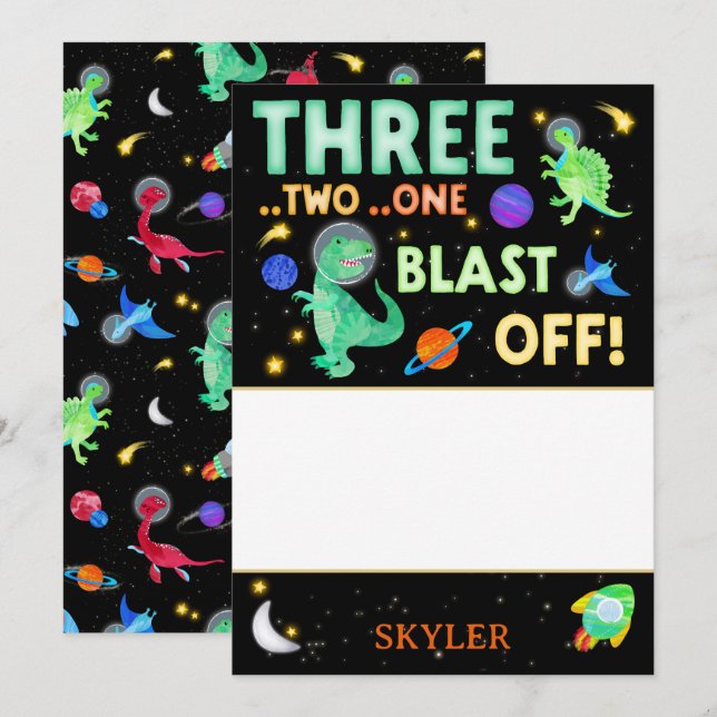 3 2 1 Blast Off Dinosaur Space Thank You Invitation (Front/Back)