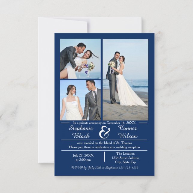 3/4 Photos Vertical Blue- 3x5 Wedding Announcement (Front)