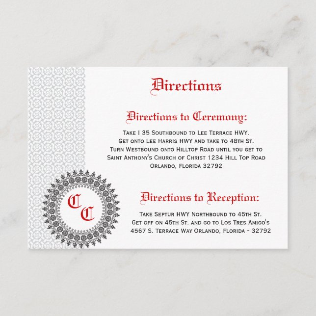 3.5 x 5 Direction Card Grey Red Formal Print (Front)