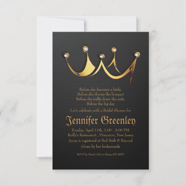 3.5" x 5" Gold Royal Queen Crown Bridal Shower Invitation (Front)