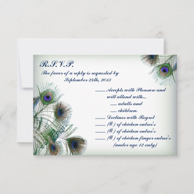 3.5 x 5 R.S.V.P Reply Card Peacock Feathers Blue (Front)