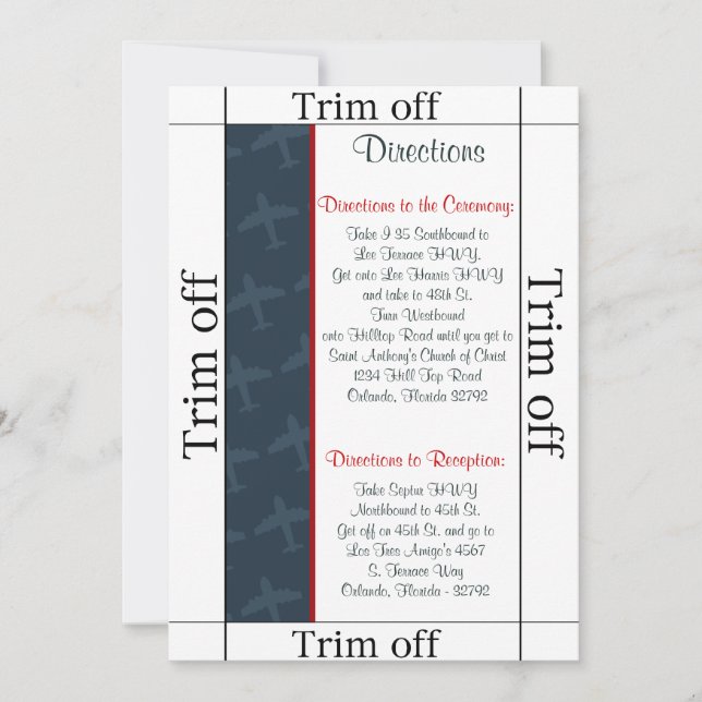 3.5 x 7 Directions Aeroplane Flight  Bl Invitation (Front)