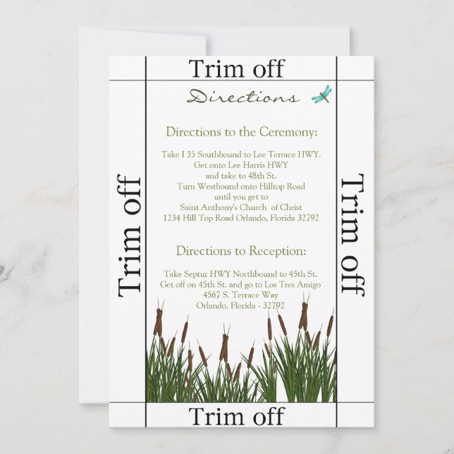 3.5 x 7 Directions Cattail/Dragonfly i Invitation (Front)