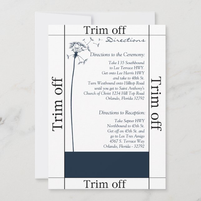 3.5 x 7 Directions Navy Blue Dandelion Invitation (Front)