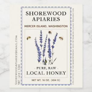 3.5x4" Bees and Lavender Honey Blue Dashed Border  Wine Label