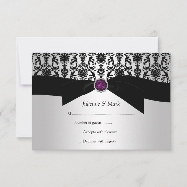 3.5x5 Black Silver Damask Purple Jewel RSVP (Front)