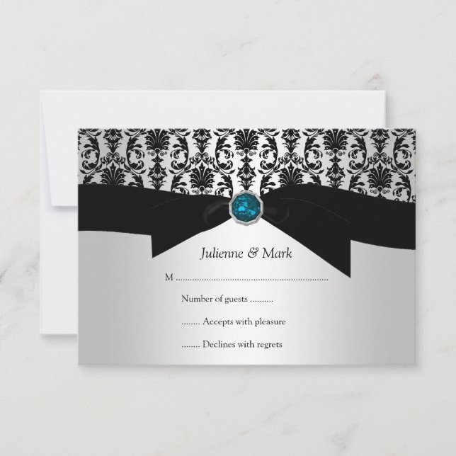 3.5x5 Black Silver Damask Turquoise Jewel RSVP Card (Front)