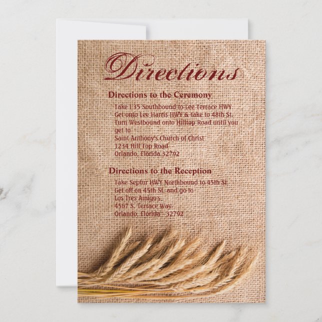 3.5x5 Directions Card Wheat on Burlap Sack Country (Front)