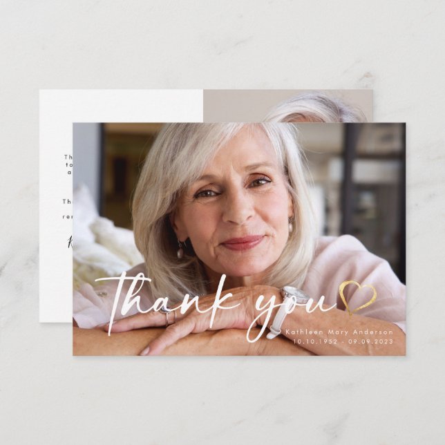 3.5x5 Elegant Chic Script Funeral Photo  Thank You Card (Front/Back)
