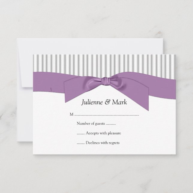 3.5x5 Grey White Stripes Purple Ribbon  RSVP Card (Front)
