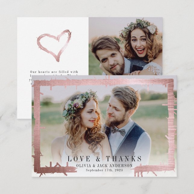 3.5x5 Love & Thanks Pink Foil Photo Wedding Thank You Card (Front/Back)