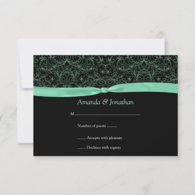 3.5x5 Mint Green Scrolls & Ribbon on Black RSVP Card (Front)