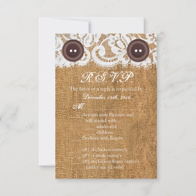 3.5x5 R.S.V.P. Card Button Burlap Lace (Front)