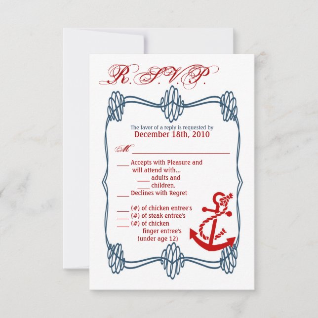 3.5x5 R.S.V.P. Card Navy Nautical Knot Anchor Blue (Front)