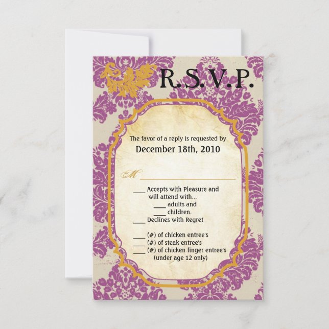 3.5x5 R.S.V.P. Card Purple Gold Damask Lace Print (Front)