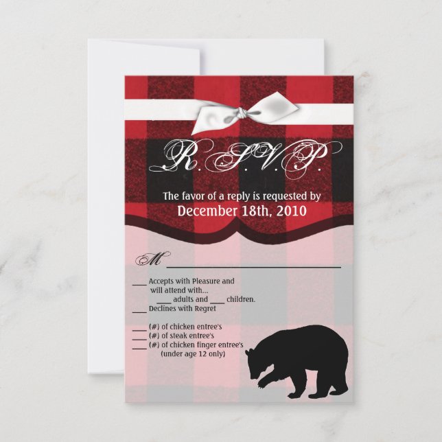 3.5x5 R.S.V.P. Card Red Buffalo Plaid Bear Black (Front)