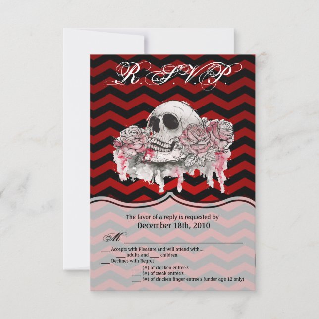 3.5x5 R.S.V.P. Card skull Rose Gothic Chevron red (Front)