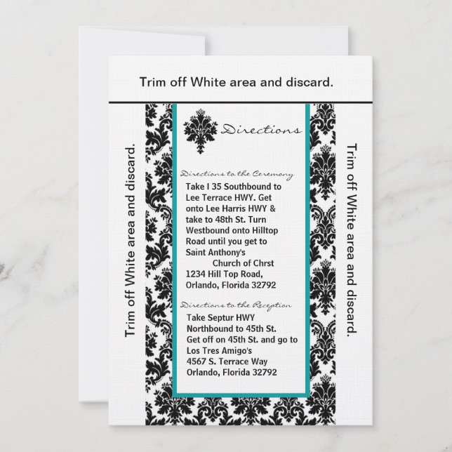 3.5x6 Directions Card Black Teal Damask (Front)