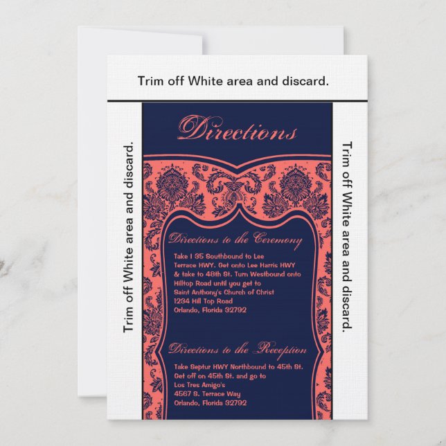3.5x6 Directions Card Navy Blue Coral Damask (Front)